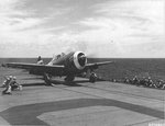 P-47D Thunderbolt of the 318th Fighter Group being ferried to Saipan on Escort Carrier USS Manila Bay is launched instead to avoid an aerial attack by four D3A Aichi “Val” dive bombers, Jun 23 1944. Photo 3 of 3