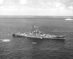 US Battleship South Dakota at anchor at Ulithi Atoll, 8 Dec 1944. Note Hospital Ship Samaritan at right.