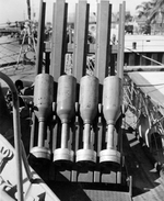 Mousetrap Anti-Submarine rocket system being installed on United States Navy sub chaser SC-274 for testing, Key West, Florida, United States, 26 Sep 1942. Photo 6 of 7.