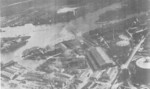 Aerial view of Danziger Werft facilities, date unknown; note two floating drydocks, slips, gasworks containers (far right), and original site of Jan Klawitter Shipyard (peninsula, top right)