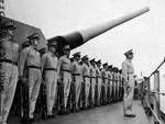 United States Marine Corps honor guard assigned to the Japanese surrender ceremonies aboard the USS Missouri in Tokyo Bay, 2 Sep 1945. Photo 1 of 2.