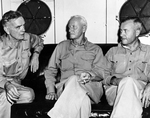 United States Navy Admirals Halsey, Nimitz, and Sherman aboard a US Navy ship in the western Pacific, 1945. Rear Admiral Forrest Sherman (right) was Nimitz’ Chief of Staff.