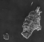 Aerial view of sunken Hyuga off Nasakejima, Kure, Japan, 1947