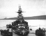 Battleship HMS Malaya at anchor in Gutter Sound, Scapa Flow, Orkney Islands, Scotland, United Kingdom, Aug 1943.