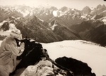 German mountain soldier with MG 34 machine gun, Mount Elbrus, Georgia, date unknown; note Ushba peak at right edge of photograph