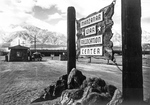The entrance to the Manzanar Relocation Center for deported Japanese-Americans, Inyo County, California, United States, 1943.