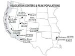 Map showing the locations of all ten Relocation Centers for deported Japanese-Americans with figures showing each camp’s maximum population during the war.