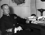 Vice Admiral Frank Jack Fletcher, commander of Task Force 61 in support of the Guadalcanal landings, aboard his flagship USS Saratoga, 17 Sep 1942. Photo 1 of 2.