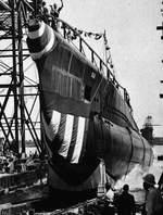 Launching of submarine Ling, William Cramp & Sons shipyard, Philadelphia, Pennsylvania, United States, 15 Aug 1943