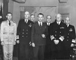 High-level Naval conference in San Francisco in late 1944 including Adm Raymond Spruance, Adm Ernest King, RAdm Charles Cooke, Navy Secretary James Forrestal, VAdm Randall Jacobs, Adm Chester Nimitz, VAdm Aubrey Fitch.