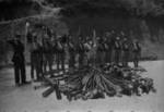 Chinese soldiers with captured Japanese equipment, Hubei Province, China, 1942, photo 1 of 2; note Arisaka Type 38 rifles and other unidentified equipment