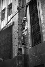 Chinese telephone linesman repairing bomb damage to a telephone pole, Chongqing, China, late 1930s