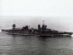 Cruiser USS Northampton underway, location unknown, early 1942. Note her false bow wave camouflage.