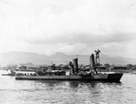 Destroyer USS Shaw fitted with a temporary bow and temporary bridge entering Pearl Harbor, Hawaii 8 Feb 1942 after conducting full-speed trials off Oahu.