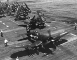 F4U-4B Corsairs of Fighter Squadron VF-54 ‘Copperheads’ armed with HVAR air-to-surface rockets preparing for launch from the carrier USS Valley Forge, 1 May 1950 off Korea.