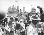 United States Army General Douglas MacArthur and his staff leaving USS Nashville aboard an LCM to inspect the landing beaches on Leyte in the Philippines, 20 Oct 1944.