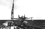 A Curtiss SC Seahawk floatplane on USS Nashville’s catapult, 1945. Note the radar pod under the right wing. Missing from the ship is the starboard aircraft catapult that was removed in the Mar 1945 refit at Puget Sound.