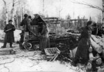 ZiS-30 self-propelled anti-tank gun and crew in the suburbs of Moscow, Russia, circa early 1940s