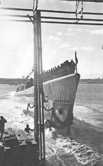 Launching of submarine Bowfin, 7 Dec 1942, Portsmouth Navy Yard, Portsmouth, New Hampshire, United States.
