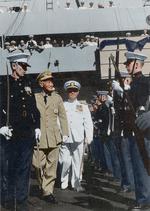 Chiang Kaishek inspecting the US Marines detachment of USS Midway, in the Taiwan Strait off Kinmen (Quemoy) island, Fujian Province, Republic of China, 1958; note US Navy Pacific Fleet commander Admiral Herbert Hopwood