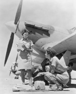 WAAF Leading Aircraftwomen Iris Denholm and Doris Evans checking the desert survival equipment of a Hurricane aircraft at a Maintenance Unit in the Middle East, 1944-1945
