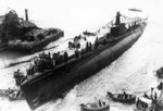 Launching of Capitano Tarantini, Cantieri navali Tosi di Taranto shipyard, Taranto, Puglia, Italy, 7 Jan 1940