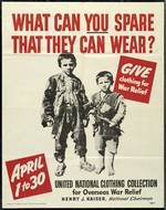 American poster for emergency clothing relief for European war refugees published by the Office of Emergency Management. Henry Kaiser was National Chairman for the clothing relief drives.