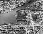 Aerial view of Permanente Metals Shipyard No. 1 looking west, Richmond, California, United States, 11 Dec 1944. Shipyard No. 4 is just out of view to the upper right.