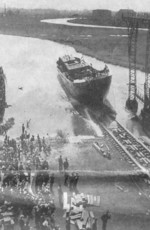 Launching ceremony at Rickmers shipyard, Bremerhaven, Germany, mid-1950s