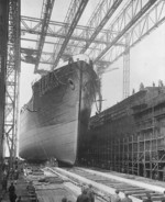 Launching of Ehrenfels, Deschimag shipyard, Bremen, 23 Dec 1935, photo 3 of 3; note Reichenfels under construction on the right of the photograph