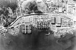 Aerial view of the Marinship Shipbuilding yard, Sausalito, California, United States, 6 Dec 1944. Note the six tankers under construction on the ways and six others being fitted out at the piers. Photo 5 of 5.