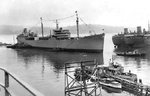 The Escambia-class fleet oiler Tamalpais just after she was launched and being moved to the fitting out docks, Marinship, Sausalito, California, United States, 29 Oct 1944.