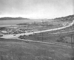 Preliminary filling and grading of the Marinship site, Sausalito, California, United States, May 1942. Left edge is the start of the administration building and the intersection of Bridgeway at Ebb Tide.
