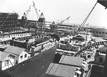A view of the CalShip yards from a Liberty-ship at the fitting out docks, Los Angeles, California, United States, circa 1942. Note scaffolding of the shipways at left.