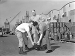 Publicity photo of workers at the CalShip yard with connections to Major League Baseball, circa 1944, Los Angeles, California, United States. [See Comment below]