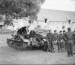 Men of British 4th Royal Tank Regiment and Matilda I tank at a farm, Acq, France, 19 Oct 1939