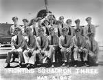 Fighting Squadron Three (VF-3), March 5, 1942. Standing, L to R: Mason, Clark, Sellstrom, Eder, Johnson, Lackey, Haynes, Stanley, Peterson, Dufilho, Lemmon. Sitting: Morgan, Vorse, Lovelace, Thach, Gayler, O