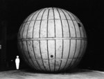 A captured and reinflated Japanese Type B Fu-Go rubberized silk balloon, Aug 1945. Probably inside the blimp hangar at Naval Air Station Moffett Field, Mountain View, California, United States.