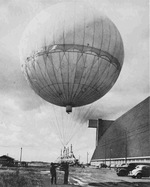 A captured and reinflated Japanese Fu-Go paper Type A balloon being evaluated at Naval Air Station Moffett Field, Mountain View, California, United States, Aug 1945.