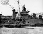 Photo highlighting battle damage to USS Bailey’s midships from the Battle of Komandorski Islands taken at the Mare Island Naval Shipyard, Vallejo, California, United States, 9 Apr 1943.