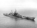 Battleship USS Missouri in Chesapeake Bay, Virginia, United States during shakedown exercises, 1 Aug 1944. Note her fresh coat of paint in the Measure 32, Design 22D scheme.