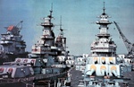 USS Shangri-La, USS Wisconsin, and USS Iowa at Philadelphia Navy Yard, Pennsylvania, United States; seen in Oct 1978 issue of US Navy publication All Hands