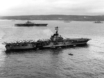 Carrier USS Shangri-La (foreground) and nuclear-powered carrier USS Enterprise at Souda Bay, Crete, Greece, 28 Feb 1964
