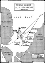 Track chart featuring the movements of USS Montpelier during the action in Kula Gulf, Solomon Islands on 6 Mar 1943 where Japanese destroyers Murasame and Minegumo were sunk.