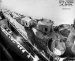 Overhead view of the No. 1 and No. 2 5-inch/38 gun mounts on USS Nicholas at Mare Island Naval Shipyard, Vallejo, California, United States, 17 Jan 1944.