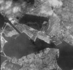 Aerial view of Lübeck, Germany, 1945, seen from an American aircraft; Lübecker Flenderwerke shipyard located just right of center in this photo