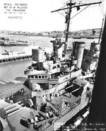 Overhead view of the bridge and conning tower of cruiser USS St. Louis at Mare Island Naval Shipyard, Vallejo, California, USS, 6 Mar 1942.