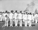 Six US Navy flag officers muster for an awards ceremony at Pearl Harbor, Hawaii, 17 Jun 1942 following the Battles of Coral Sea and Midway.