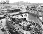 Elevated view of the forward section of the cruiser USS Honolulu at the Mare Island Naval Shipyard, Vallejo, California, United States, 24 Oct 1942.