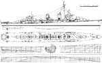 Line drawing of the Fletcher-class destroyer.